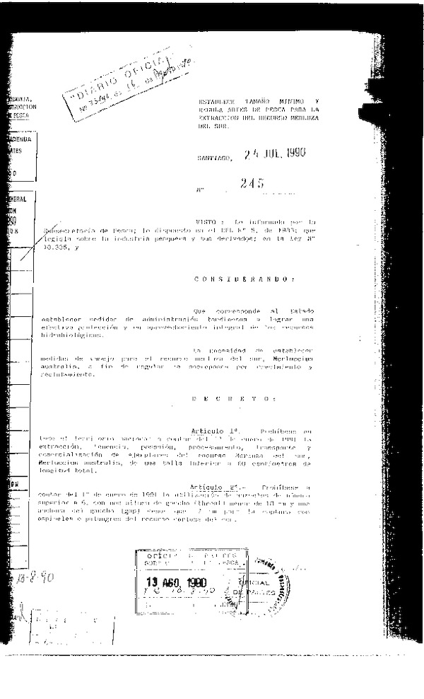D.S. N° 245-1990 Establece Talla Mínima de Extracción y Regula Artes de Pesca. (F.D.O. 16-08-1990)