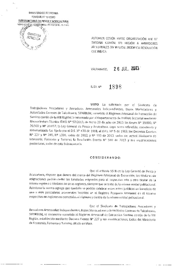 R EX Nº 1898-2013 Autoriza Cesión recurso Anchoveta VIII a XIV Región.