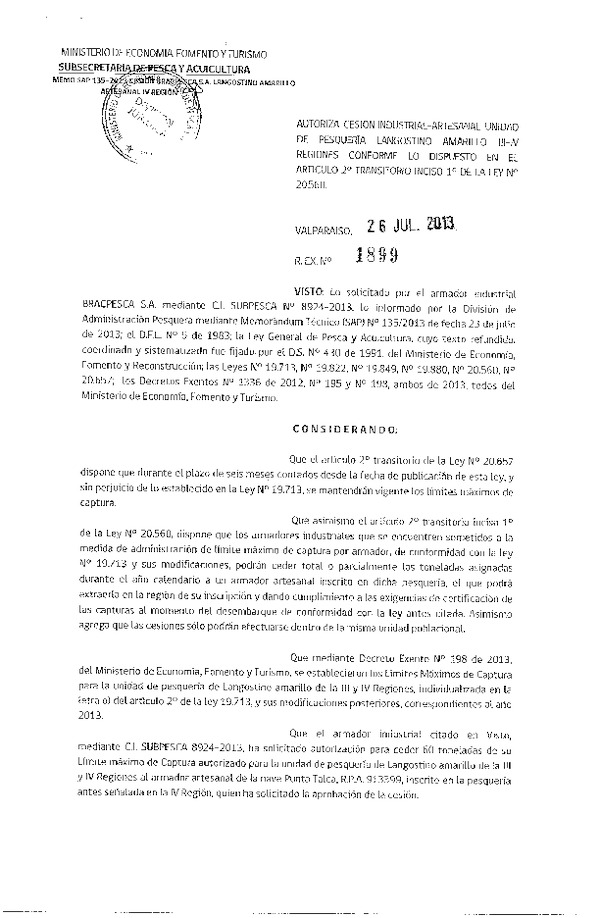 R EX Nº 1899-2013 Autoriza Cesión recurso Langostino Amarillo IV Región.