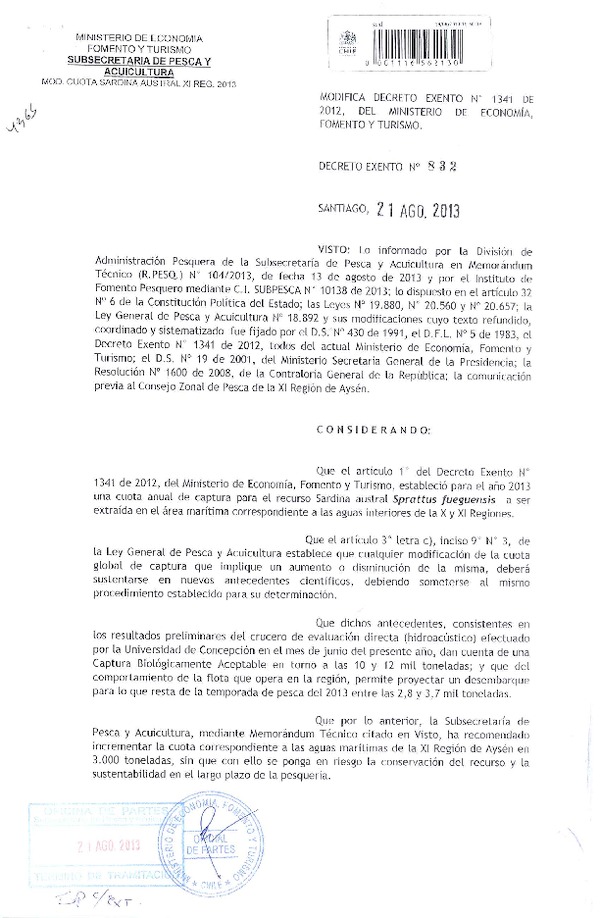 D EX Nº 832-2013 Modifica D.EX Nº 1341-2012 Cuota Sardina austral XI Región. (F.D.O. 27-08-2013)