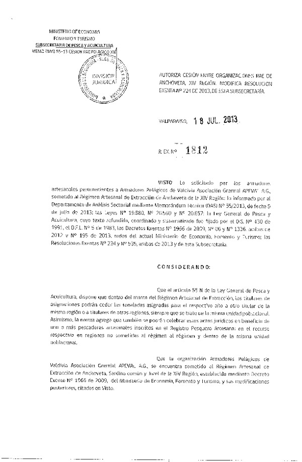 R EX Nº 1812-2013 Autoriza Cesión recurso Anchoveta XIV Región