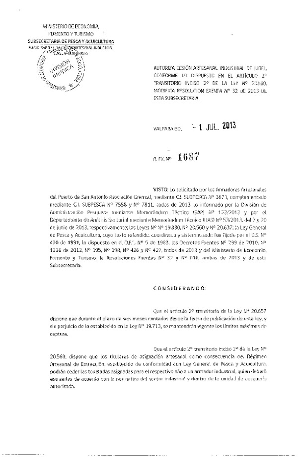 R EX Nº 1687-2013 Autoriza Cesión recurso Jurel V-IX Región.