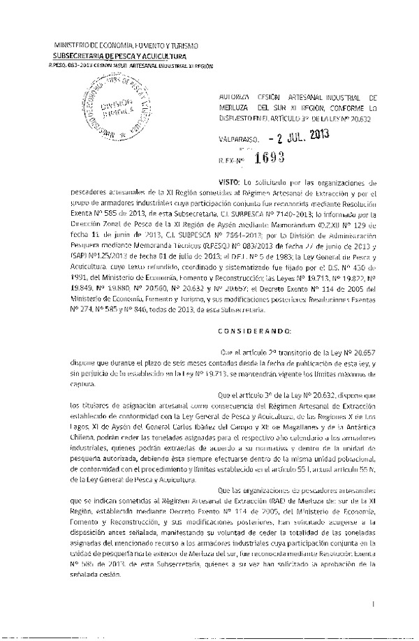 R EX Nº 1693-2013 Autoriza Cesión recurso Merluza del sur XI Región.