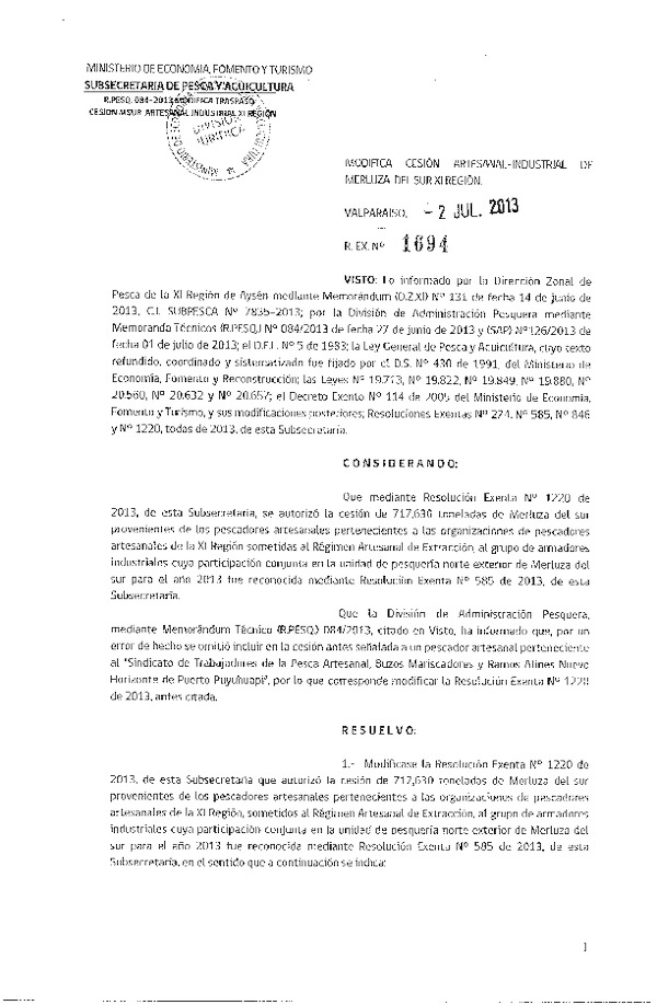 R EX Nº 1694-2013 Autoriza Cesión recurso Merluza del sur XI Región.