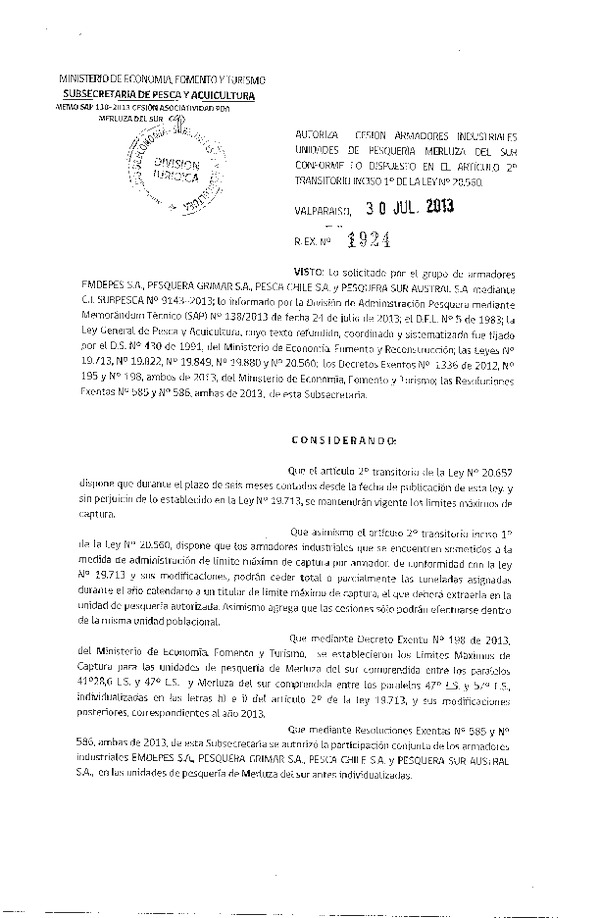 R EX Nº 1924-2013 Autoriza Cesión recurso Merluza del sur X-XII Región.