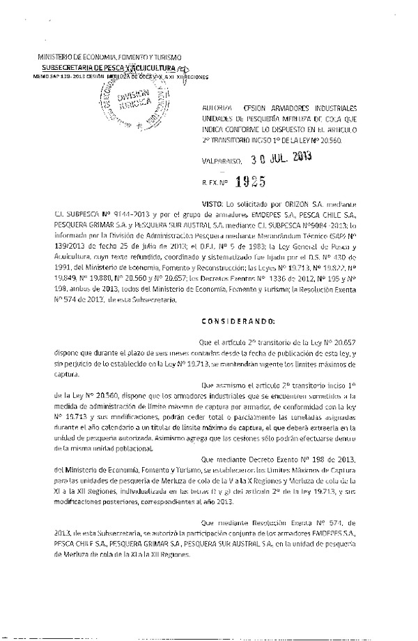 R EX Nº 1925-2013 Autoriza Cesión recurso Merluza de cola V-X  a XI-XII Región.