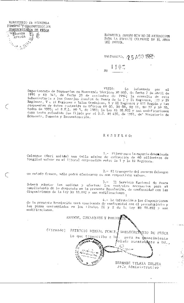 R EX. N° 1102-1995 Establece Talla Mínima de Extracción I-XI Región