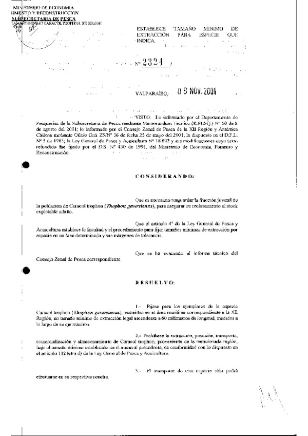 R EX Nº 2324-2001 Establece Talla Mínima de Extracción Caracol trophon XII Región