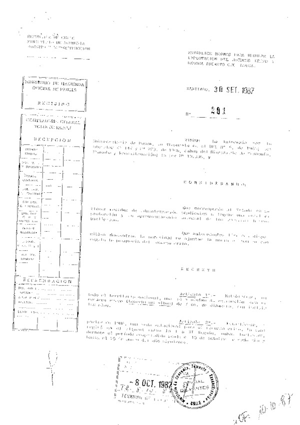 D.S. N° 291-1987 Establece Normas para regular la explotación del recurso erizo. (F.D.O. 10-10-1987)