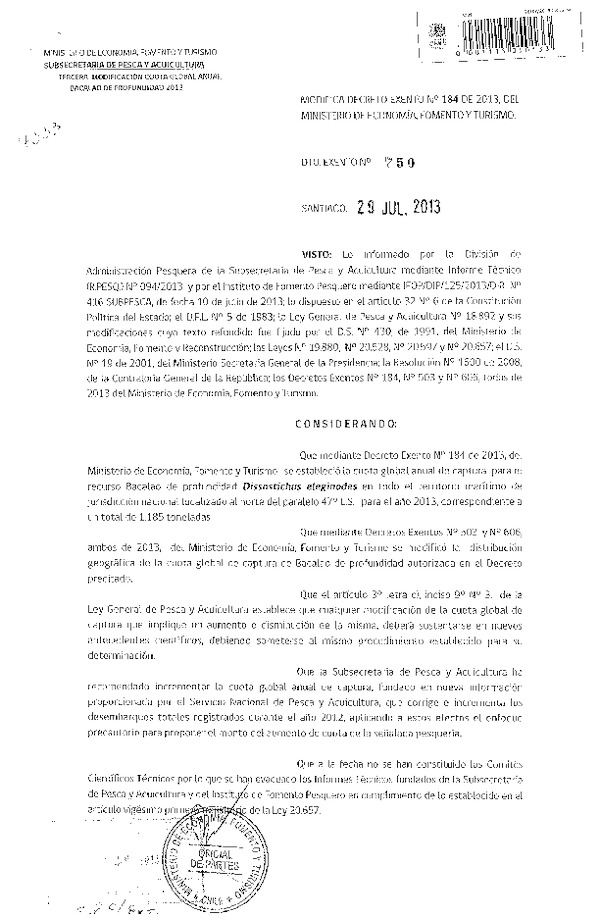 D EX Nº 750-2013 Modifica cuota global anual de captura Bacalao de profundidad XV-XI Región. (F.D.O. 01-08-2013)