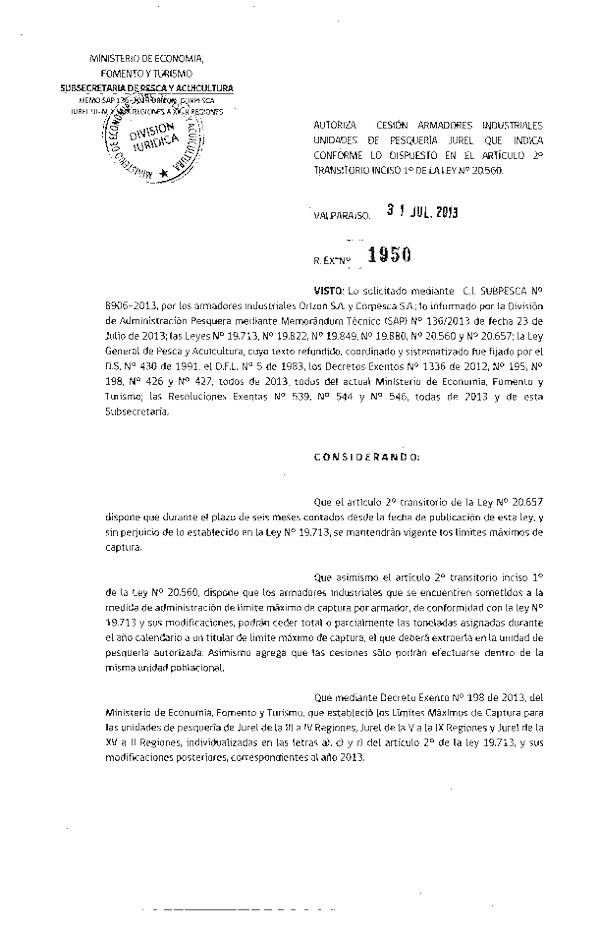 R EX Nº 1950-2013 Autoriza Cesión recurso Jurel III-IV y V-IX a XV-II Región.
