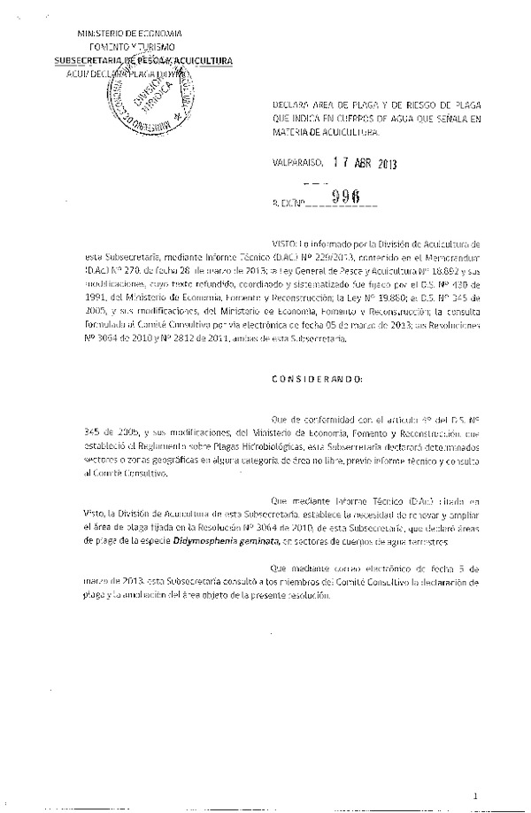 R EX Nº 996-2013 Declara área de plaga y de riesgo de plaga