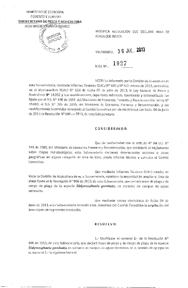 R EX Nº 1927-2013 Modifica R EX Nº 996-2013 Área de Plaga XII Región.(F.D.O. 05-08-2013)