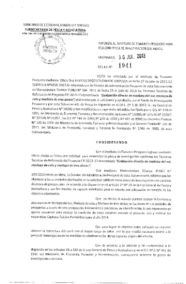 R EX Nº 1941-2013 Pesca de investigación Merluza del sur, Merluza de cola y Merluza de trtes aletas X-XII Región.