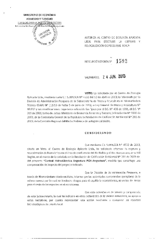 R EX Nº 1592-2013 Captura y relocalización de la fauna íctica nativa y no nativa VIII Región.