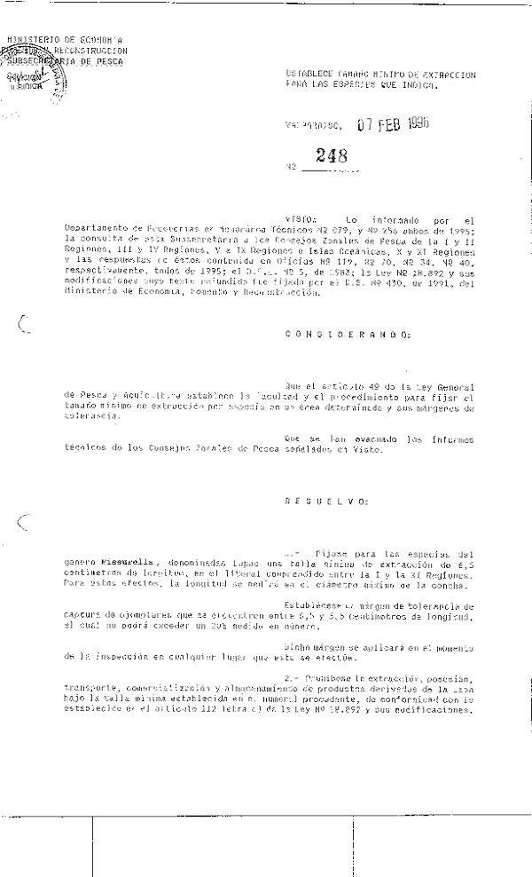 R.EX. N° 248-1996 Establece Tamaño Mínimo de Extracción I-XI Región (F.D.O. 16-02-1996)