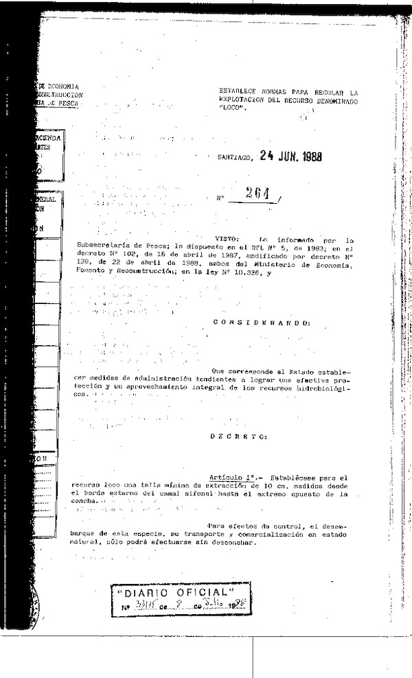 D.S. N° 264-1985 Establece Tamaño Mínimo de Extracción Loco I-XII Región (F.D.O. 08-07-1988)