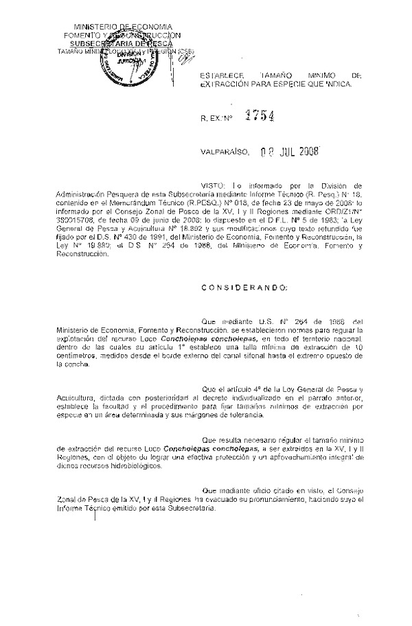 R.EX. N° 1754-2008 Establece Tamaño Mínimo de Extracción Loco XV-II Región (F.D.O. 12-07-2008)
