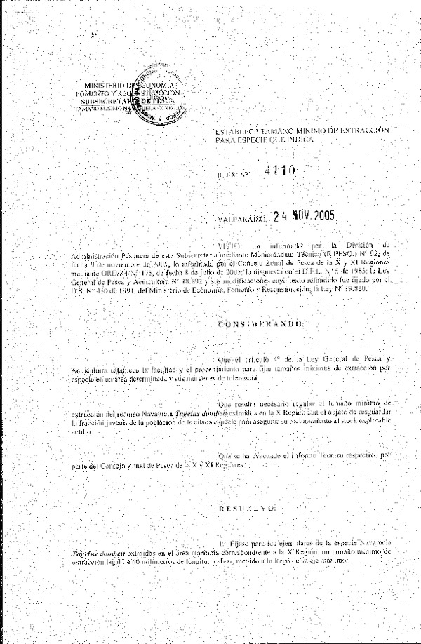 R.EX. N° 4110-2005 Establece Tamaño Mínimo de Extracción Navajuela X Región (F.D.O. 02-12-2005)