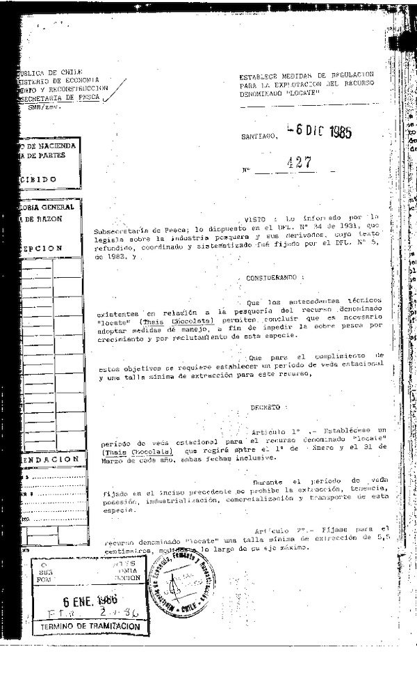 D.S. N° 427-1985 Establece Tamaño Mínimo de Extracción Locate I-XII Región (F.D.O. 10-01-1986)