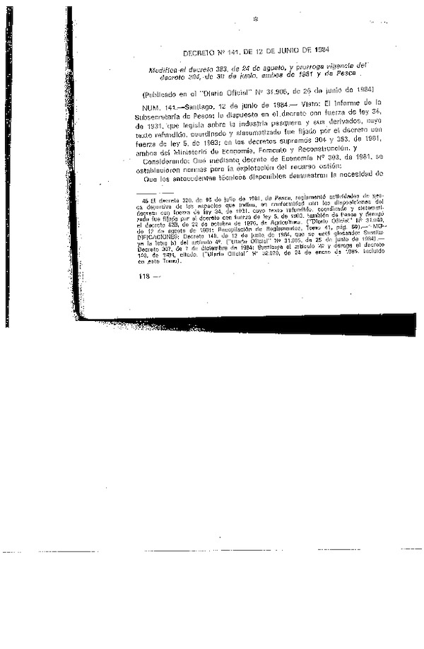 D.S. N° 141-1984 Modifica Decreto Nº 383-1981 Tamaño Mínimo de Extracción Ostión chlamys I-XII Región (F.D.O. 26-06-1984)