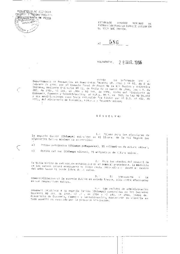 R.EX. N° 586-1996 Establece Tamaño Mínimo de Extracción Ostión patagónico XII Región (F.D.O. 03-04-1996)