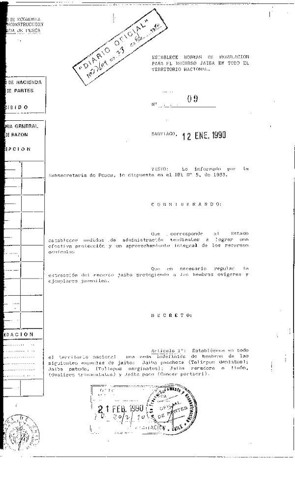 D.S. N° 9-1990 Establece tamaño mínimo de extracción recuros Jaiba en todo el territorio nacional.(F.D.O. 23-02-1990)