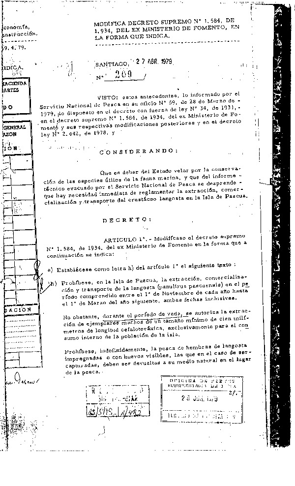 D.S. N° 209-1979 Modifica D.S. Nº 1548-1934 Establece Talla Mínima de Extracción Langosta