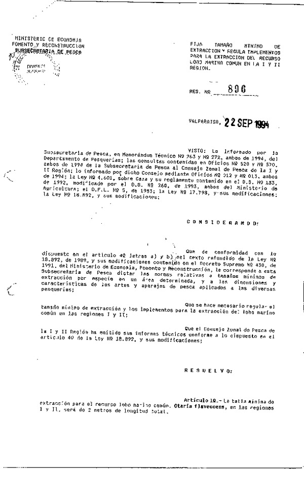 R.EX. N° 896-1994 Establece Tamaño Mínimo de Extracción Lobo marino.