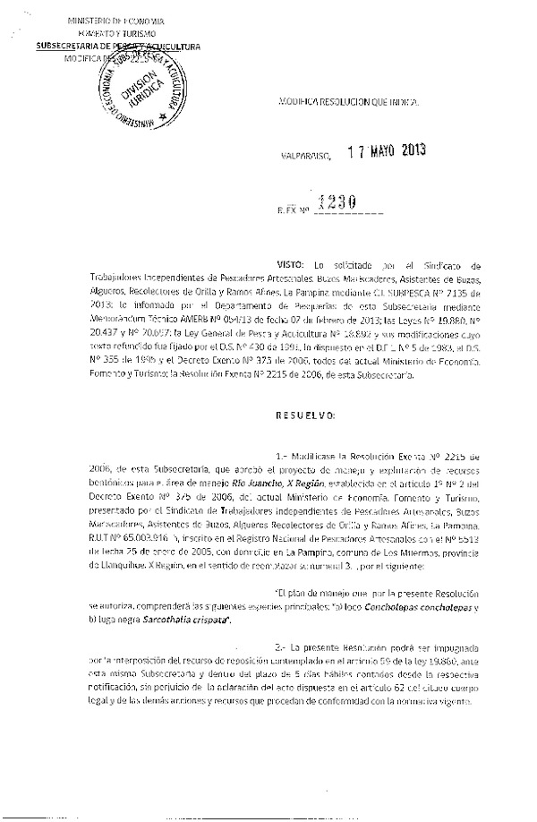 R EX Nº 1230-2013 Modifica R EX N° 2215-06 PLAN DE MANEJO.