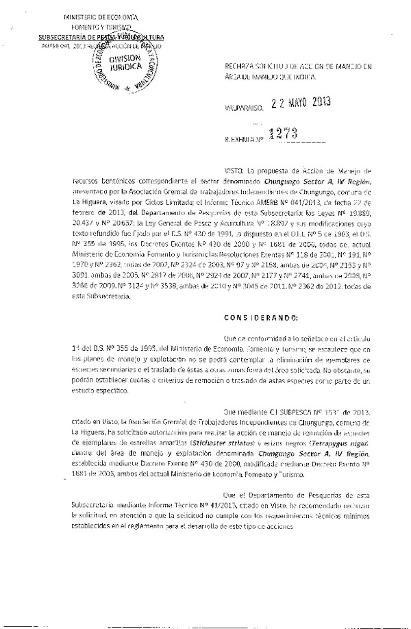 R EX N° 1273-2013 RE4CHAZA SOLICITUD ACCION DE MANEJO.