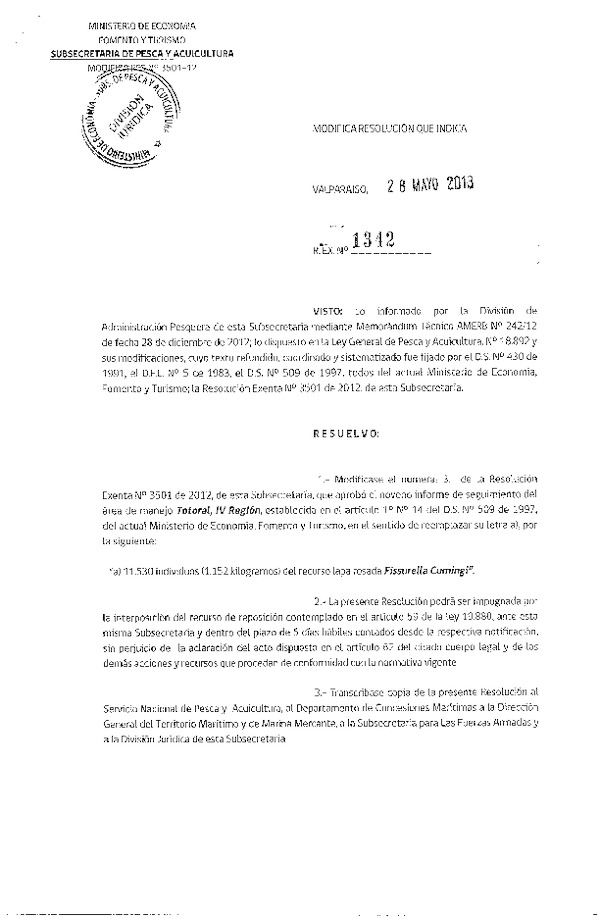 R EX N° 1342-2013 MODIFICA R EX 3501-2012 9º SEGUIMIENTO.