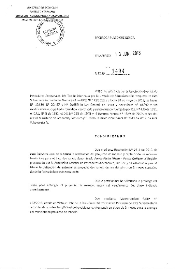 R EX Nº 1494-2013 PRORROGA PLAN DE MANEJO.