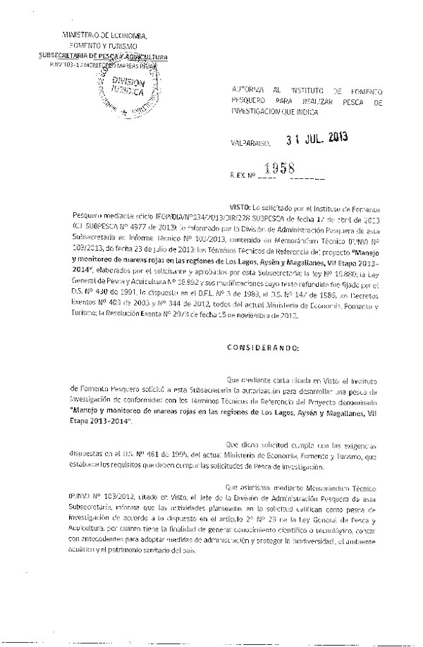 R EX Nº 1958-2013 Pesca de investigación Manejo y monitoreo de mareas rojas X-XI-XII Región.