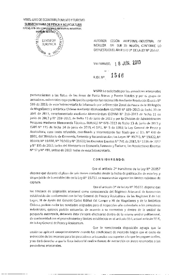 R EX Nº 1546-2013 Autoriza Cesión recurso Merluza del sur XII Región.