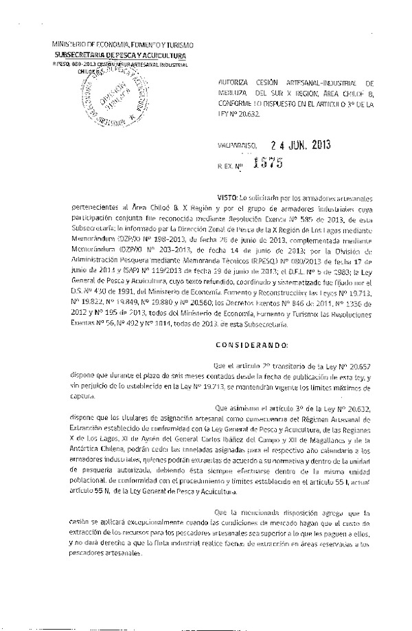 R EX Nº 1575-2013 Autoriza Cesión recurso Merluza del sur X Región.