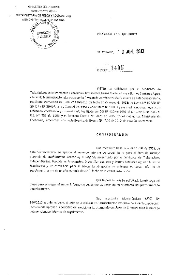 R EX N° 1495-2013 PRORROGA 3° SEGUIMIENTO.