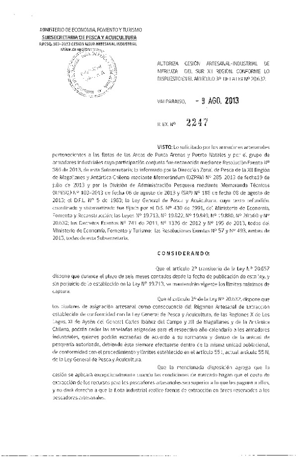 R EX Nº 2247-2013 Autoriza Cesión recurso Merluza del sur XII Región.