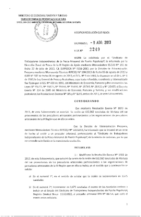 R EX Nº 2249-2013 Modifica R EX Nº 1693-2013 Cesión recurso Merluza del sur XI Región.