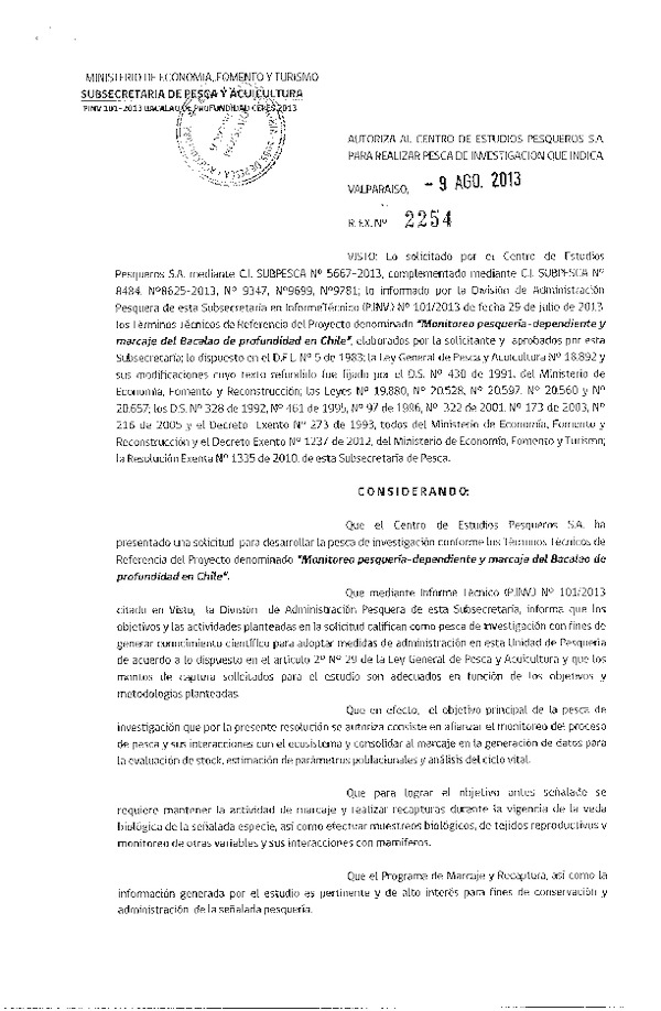 R EX N° 2254-2013 Autoriza Pesca Bacalao de profundidad XI-XII Región.