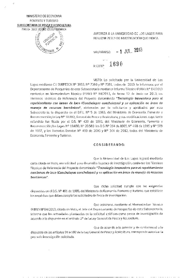 R EX Nº 1690-2013 Pesca de investigación Loco IV Región.