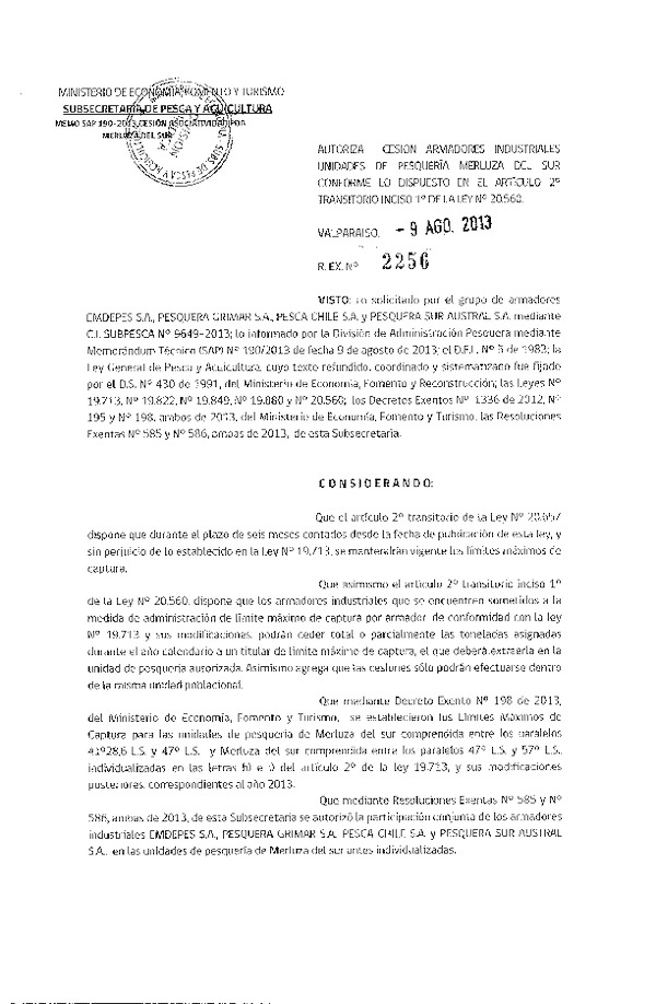 R EX Nº 2256-2013 Autoriza Cesión recurso Merluza del sur X-XII Región.