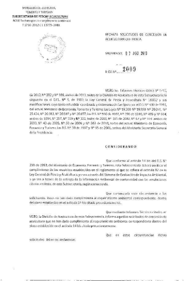 Resolución Nº 2009 de 2013 Rechaza.