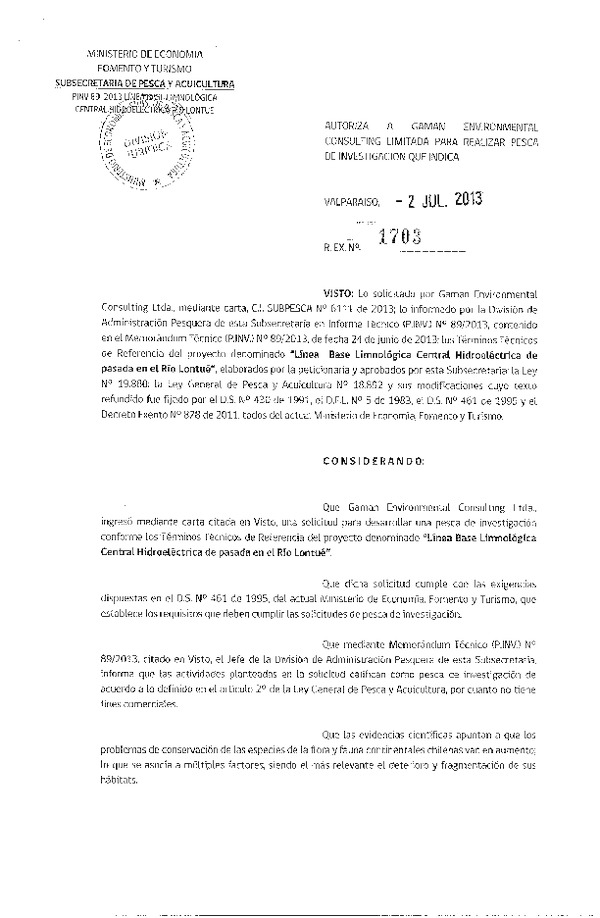 R EX Nº 1703-2013 Línea base Limnológica central hidroeléctrica de pasada en el Río Lontué..
