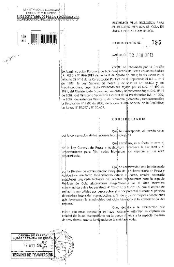 D EX Nº 795-2013 Establece Veda Biológica Merluza de cola 41º 28,6 L.S. y 47º L.S.(F.D.O. 14-08-2013)