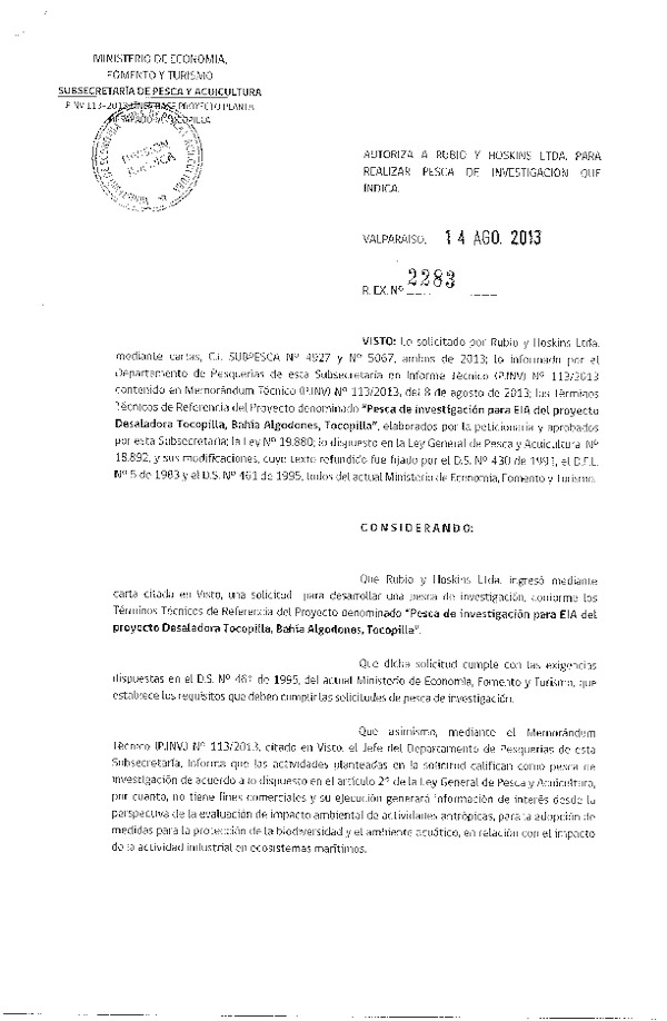 R EX Nº 2283-2013 Pesca de investigación para EIA.