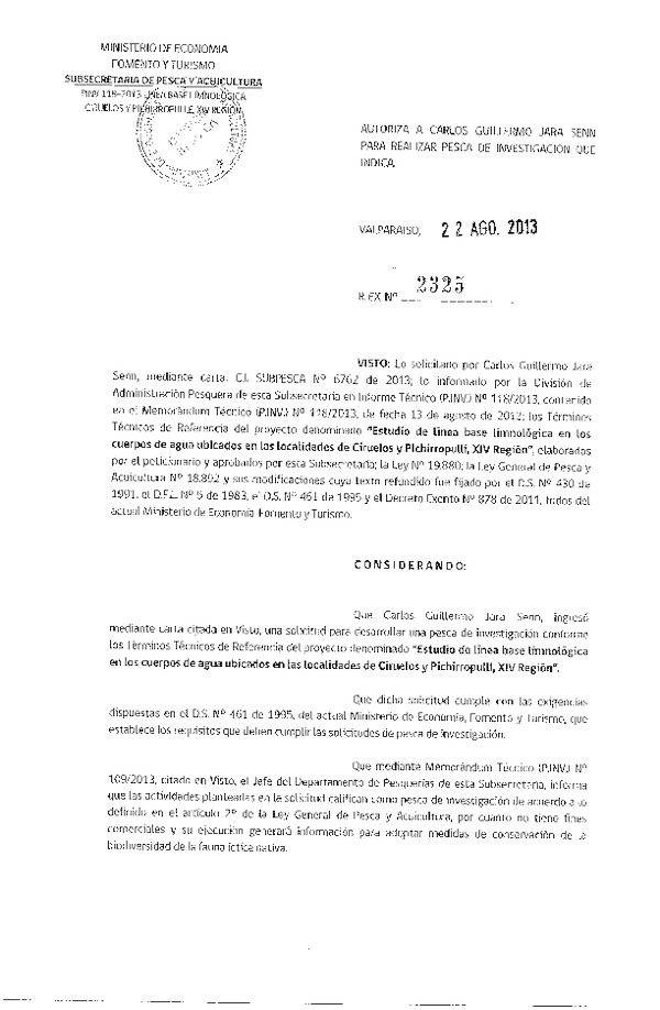 R EX Nº 2325-2013 Estudio línea base limnológica localidades de Ciruelos y pichirropulli, XIV Región.