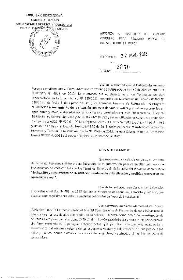 R EX Nº 2330-2013 Evaluación y seguimiento de la situación sanitaria de vida silvestre y posibles reservorios en agua dulce y mar.