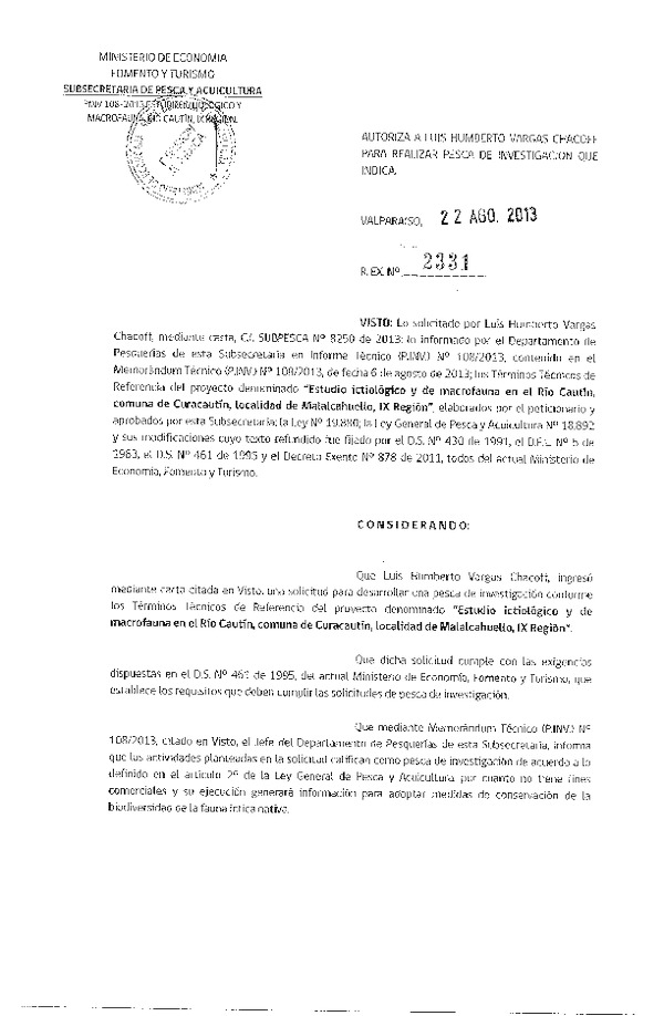 R EX Nº 2331-2013 Estudio ictológico y de macrofauna en el Río Cautín, comuna de Curacautín IX Región.
