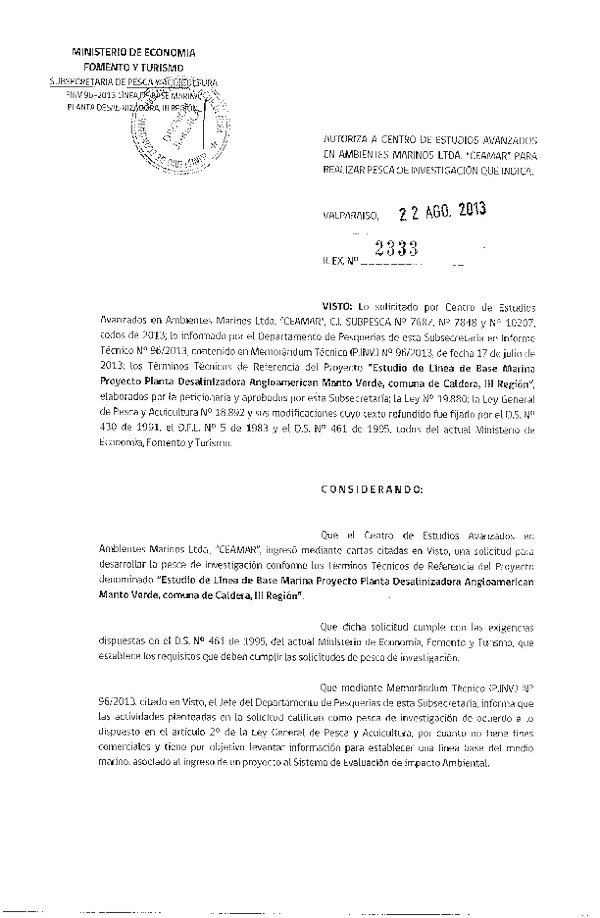 R EX Nº 2333-2013 Estudio línea de base marina proyecto planta Desalinizadora, comuna de Caldera, III Región.